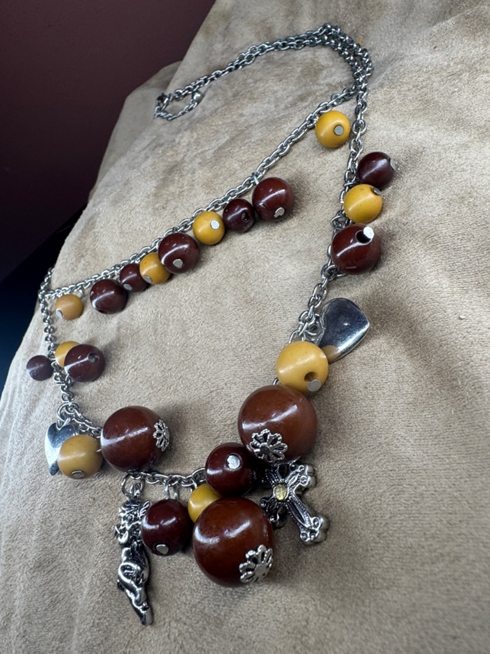 Two-Tier Brown & Mustard Bead Charm Necklace - Fashion Jewelry